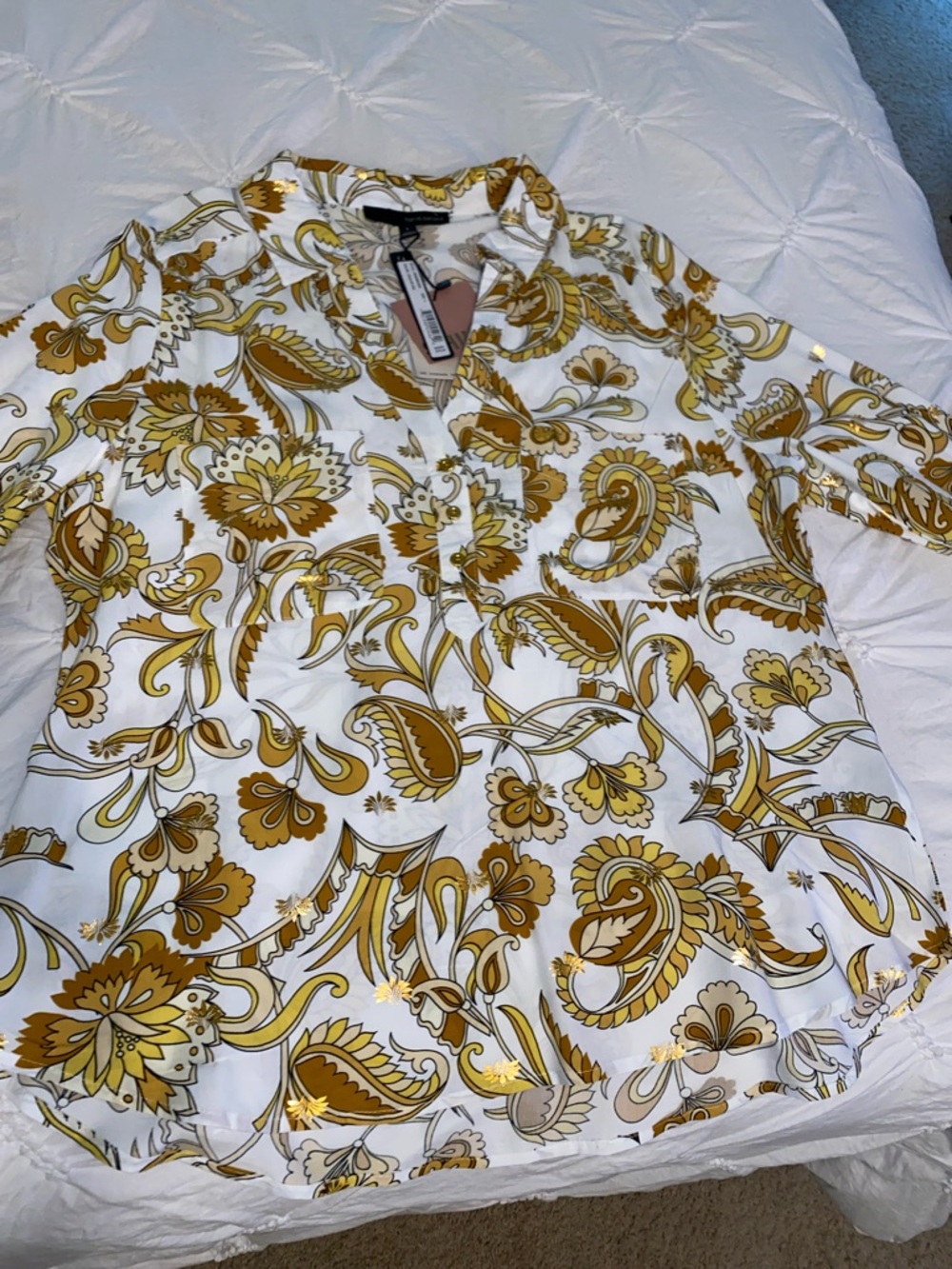 Harve Benard White and Mustard and Gold Floral Button-Up Blouse
